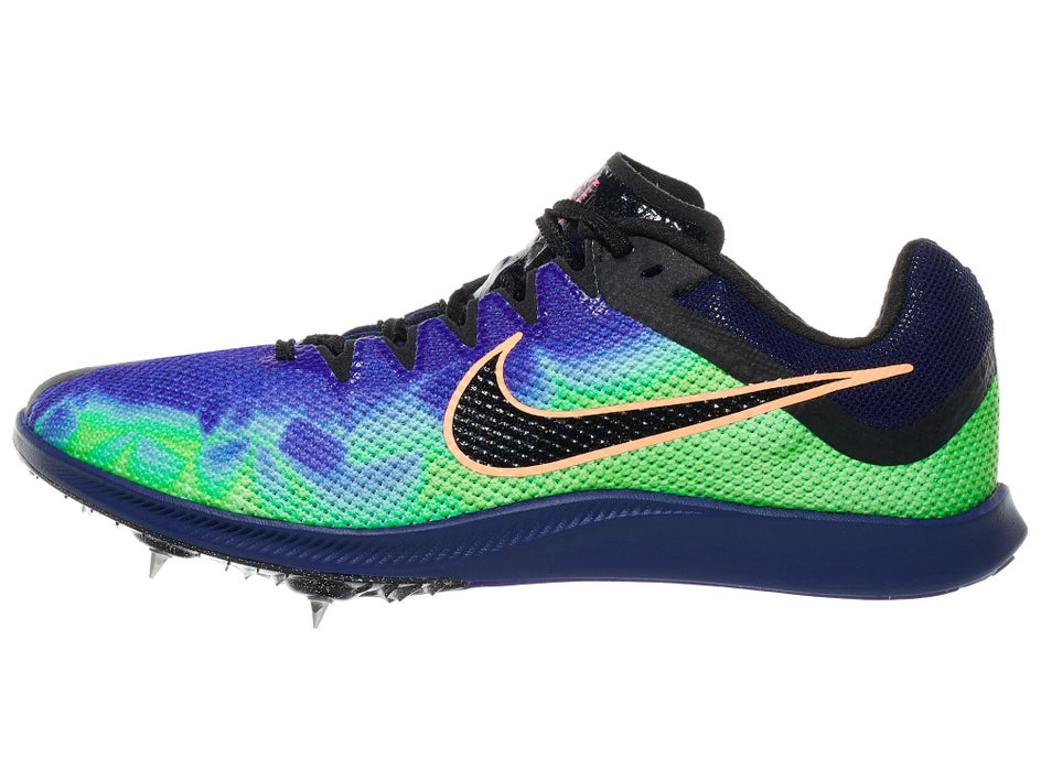 Nike Zoom Rival Distance spike with a bright purple, blue, and green upper colorway