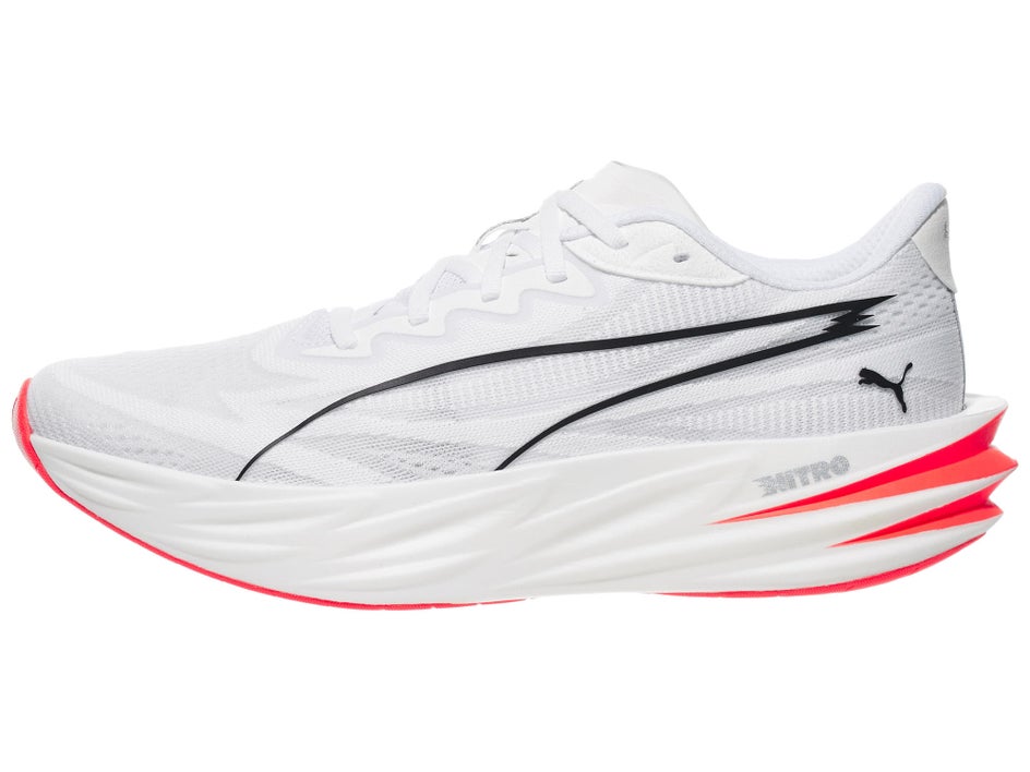 Lateral view of a men's PUMA Deviate Pure Nitro energetic daily trainer in a white/red/silver colorway