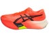 Lateral view of left shoe of the ASICS METASPEED Edge Paris. Upper is red with a black ASICS logo. Midsole is painted red with a black and neon vertical strip going through the middle.
