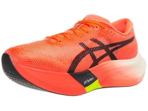 ASICS METASPEED Edge Paris. Upper is red with a black ASICS logo. Midsole is painted red with a black and neon vertical strip going through the middle.