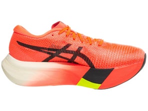 Lateral view of right shoe of the ASICS METASPEED Edge Paris. Upper is red with a black ASICS logo. Midsole is painted red with a black and neon vertical strip going through the middle.