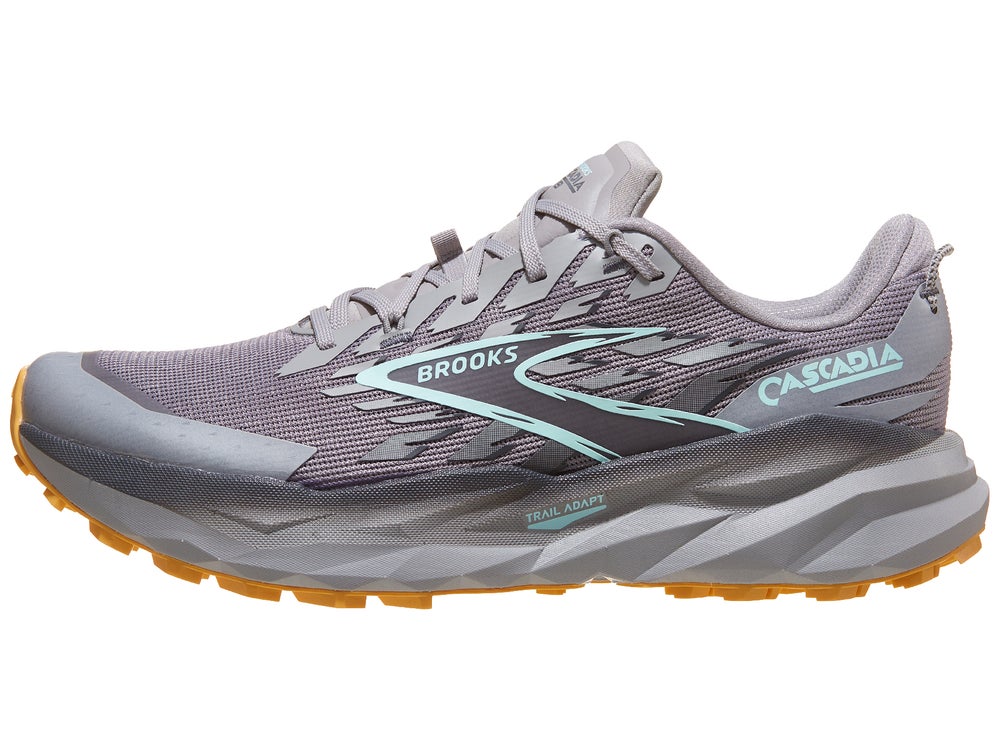 Brooks Cascadia 19 men's trail running shoe in alloy, ebony, and orange, side profile