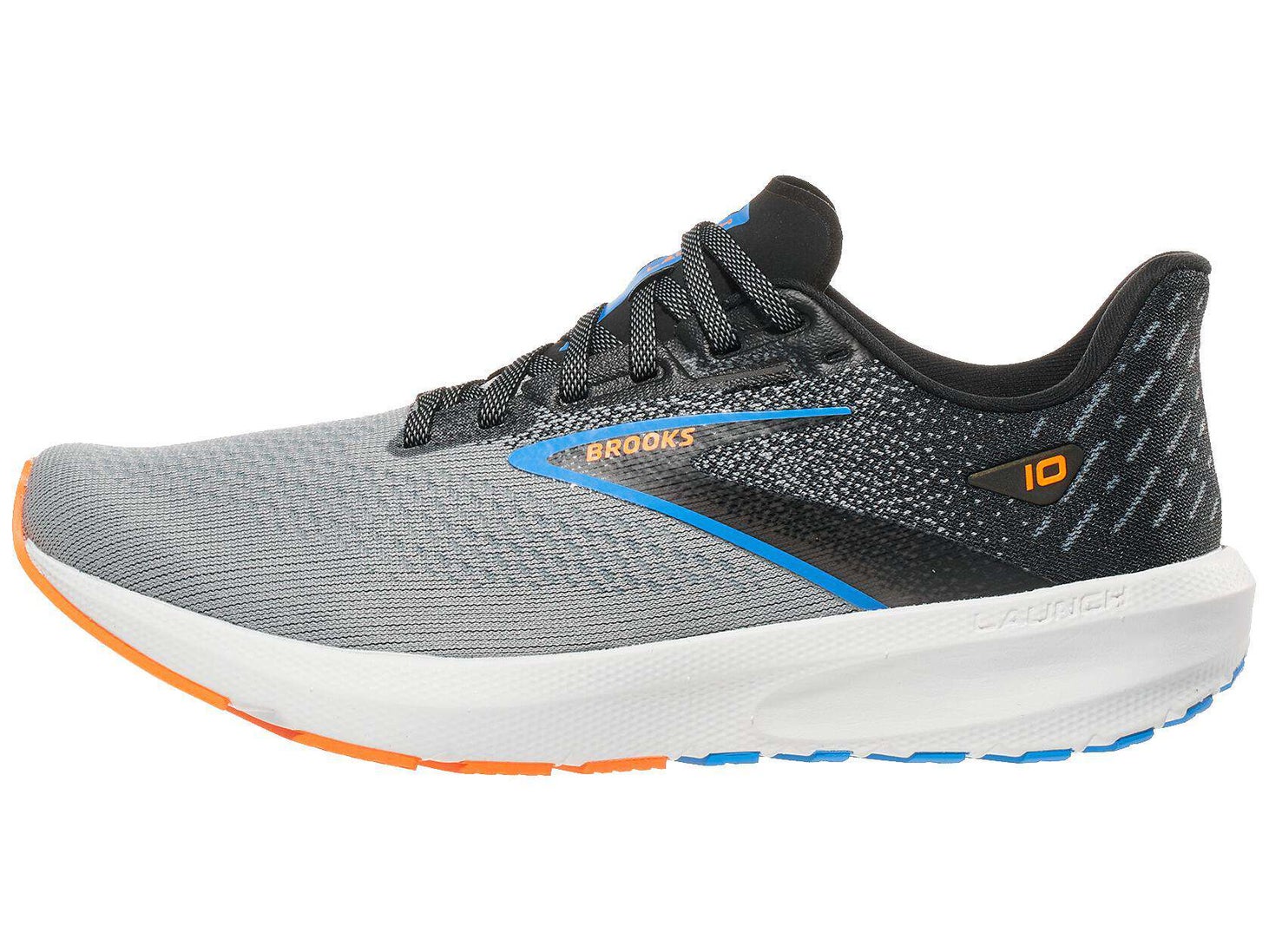 Brooks Launch 10 running shoe. Upper is grey and black. Midsole is white.