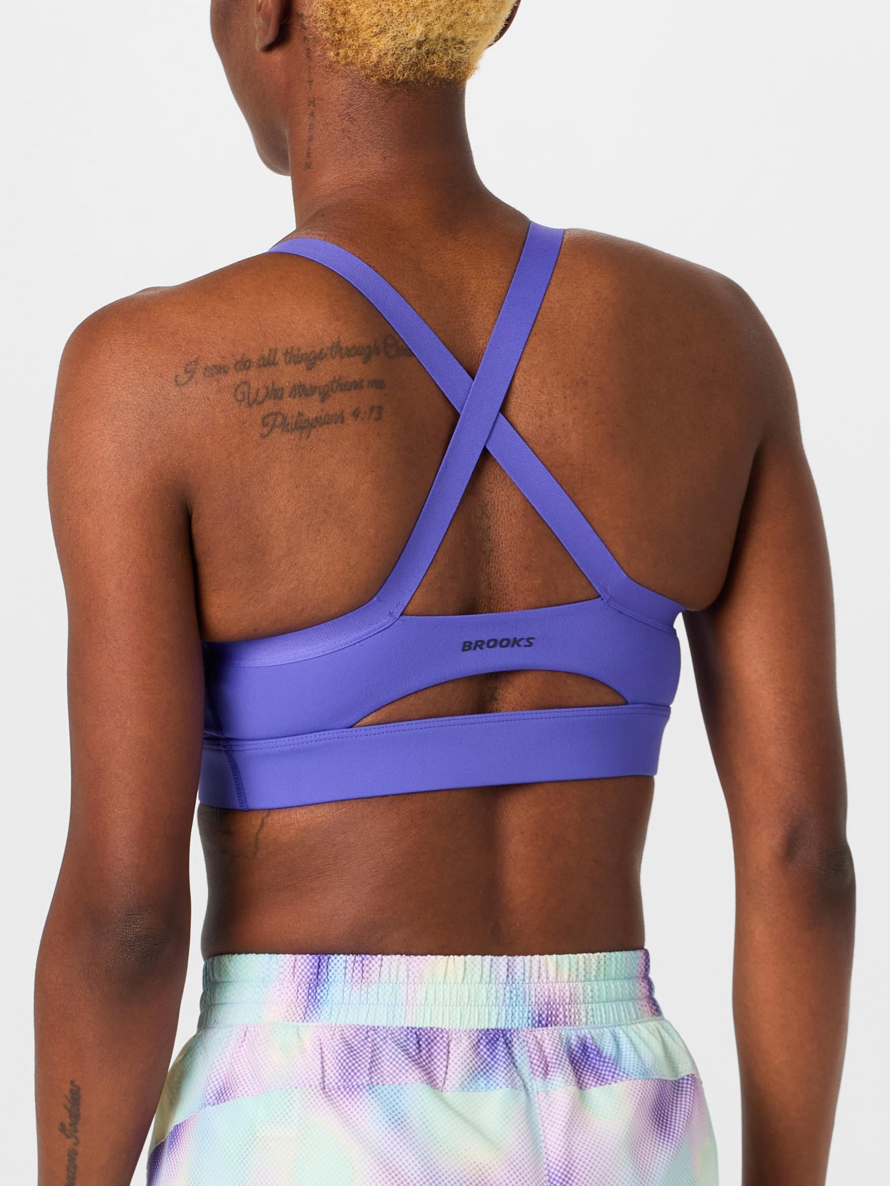 Back view of model wearing a Brooks Luxed Strappy Bra