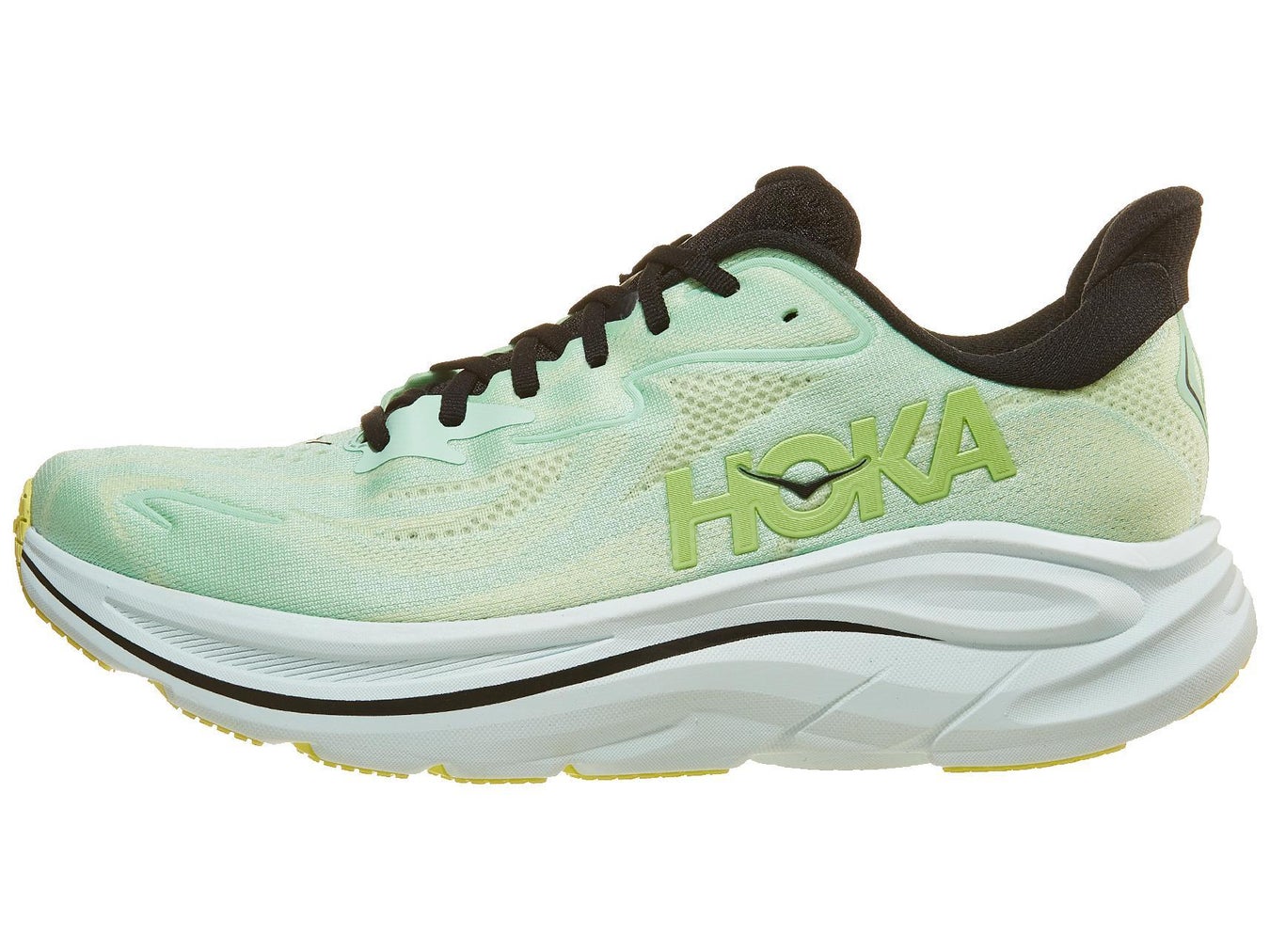 Side view of a HOKA Clifton 10 running shoe in Mint Flourite/Luna Moth colorway highlighting the shoe's prominent rocker shape