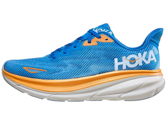HOKA Clifton 9 running shoe. Upper is blue with hits of orange and a white HOKA logo. Midsole is orange and white.