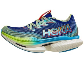 Lateral side of left shoe of the HOKA Cielo X1. Upper is blue and green. Midsole is painted blue and green and white.