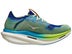 Medial side of left shoe of the HOKA Cielo X1. Upper is blue and green. Midsole is painted blue and green and white.