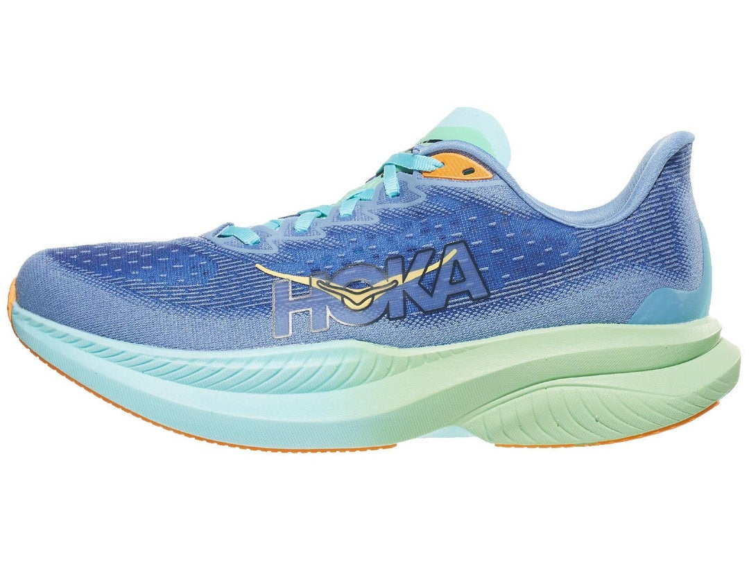 HOKA Mach 6 in blue color with green to light blue midsole