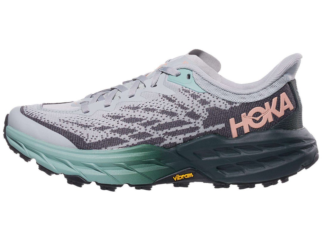 HOKA Speedgoat 5 in grey with aqua to black ombre midsole