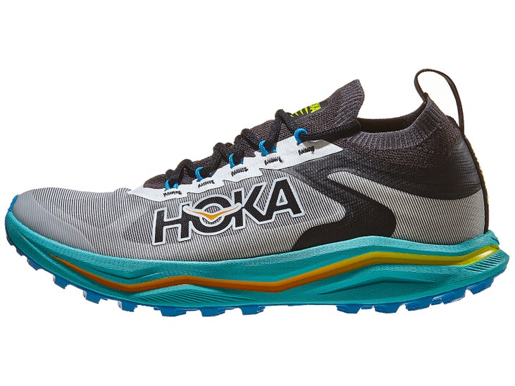 HOKA Zinal 2 running shoes. Upper is gray and black. Midsole is green with a orange streak in the middle.