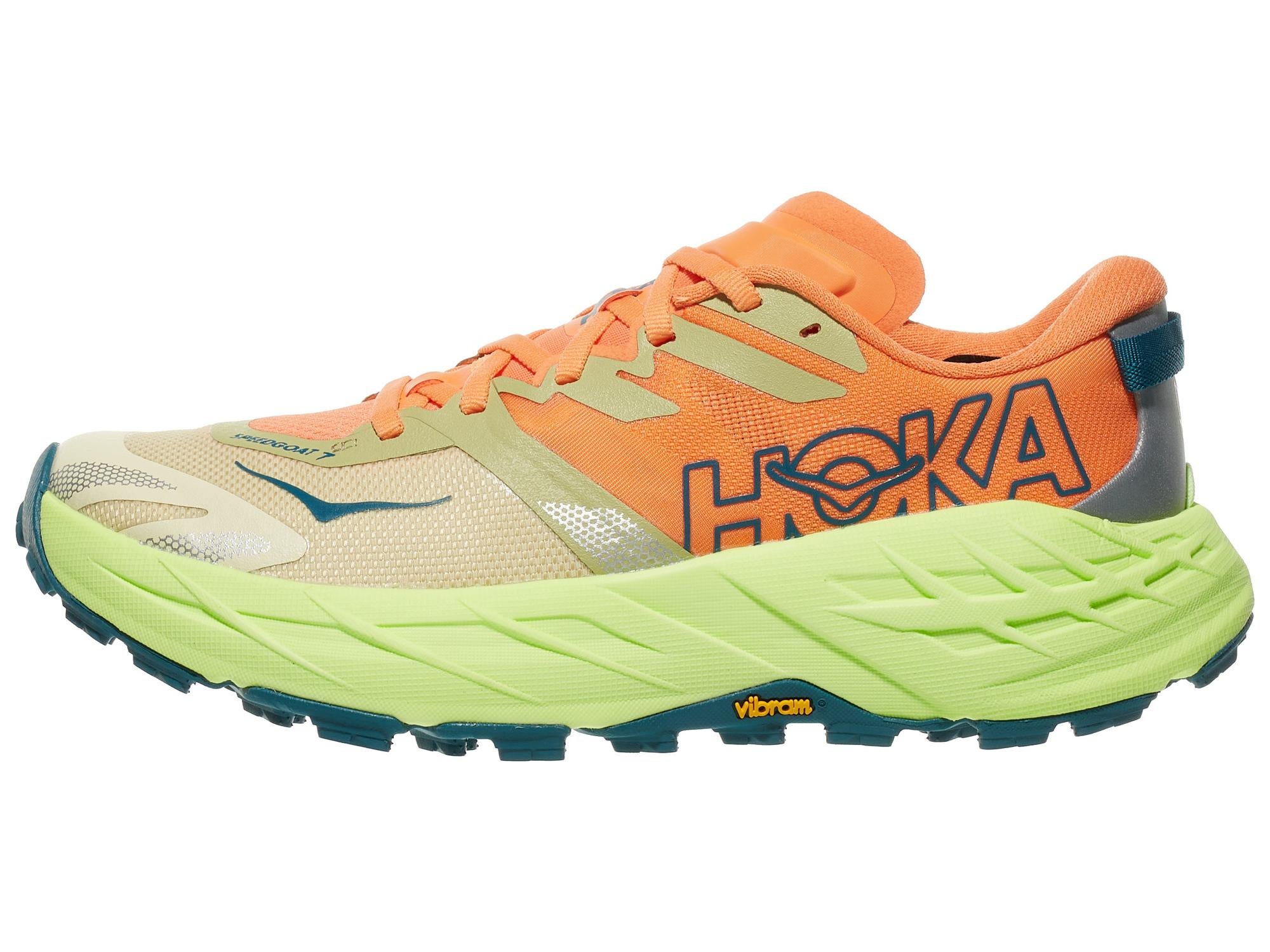 Women's HOKA Speedgoat 7 Yellow/Neon Flame left shoe facing left