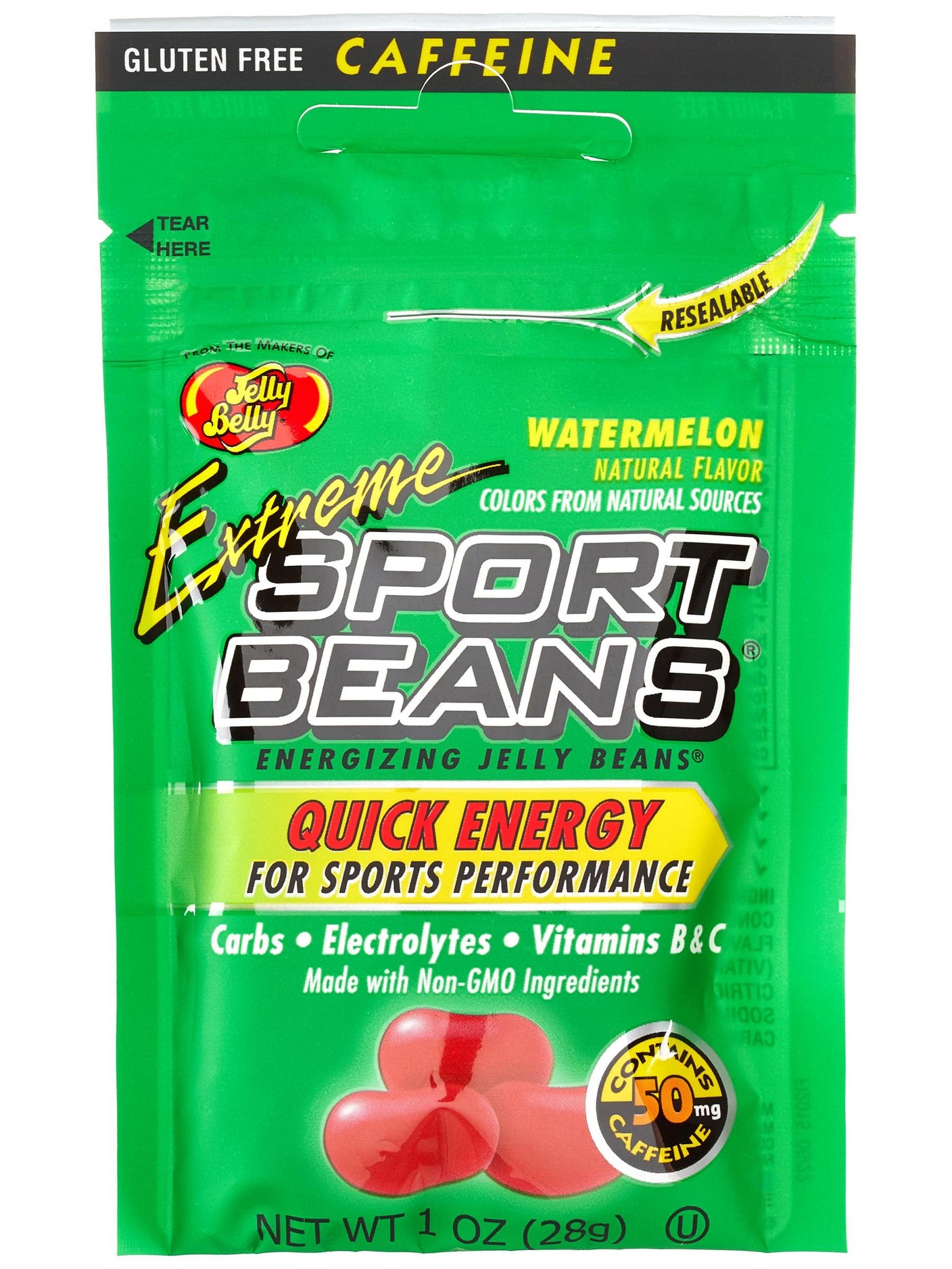 Packet of Extreme Jelly Belly Sport Beans with caffiene in watermelon flavor with green packaging