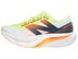 Lateral view of right shoe of New Balance FuelCell SuperComp Elite v4. Upper is white with an orange and black New Balance logo and the midsole is white with a neon orange streak in the middle.