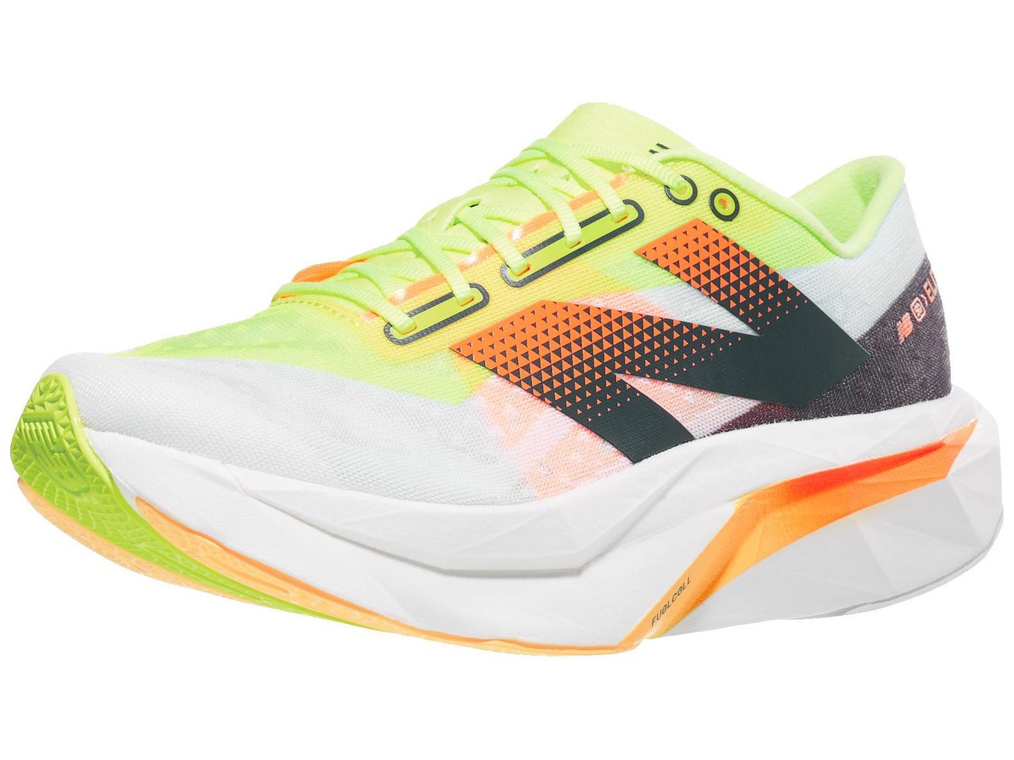 Picture of a pair of New Balance FuelCell SuperComp Elite v4 with a view of the lateral view of right shoe. Upper is white with an orange and black New Balance logo and the midsole is white with a neon orange streak in the middle.
