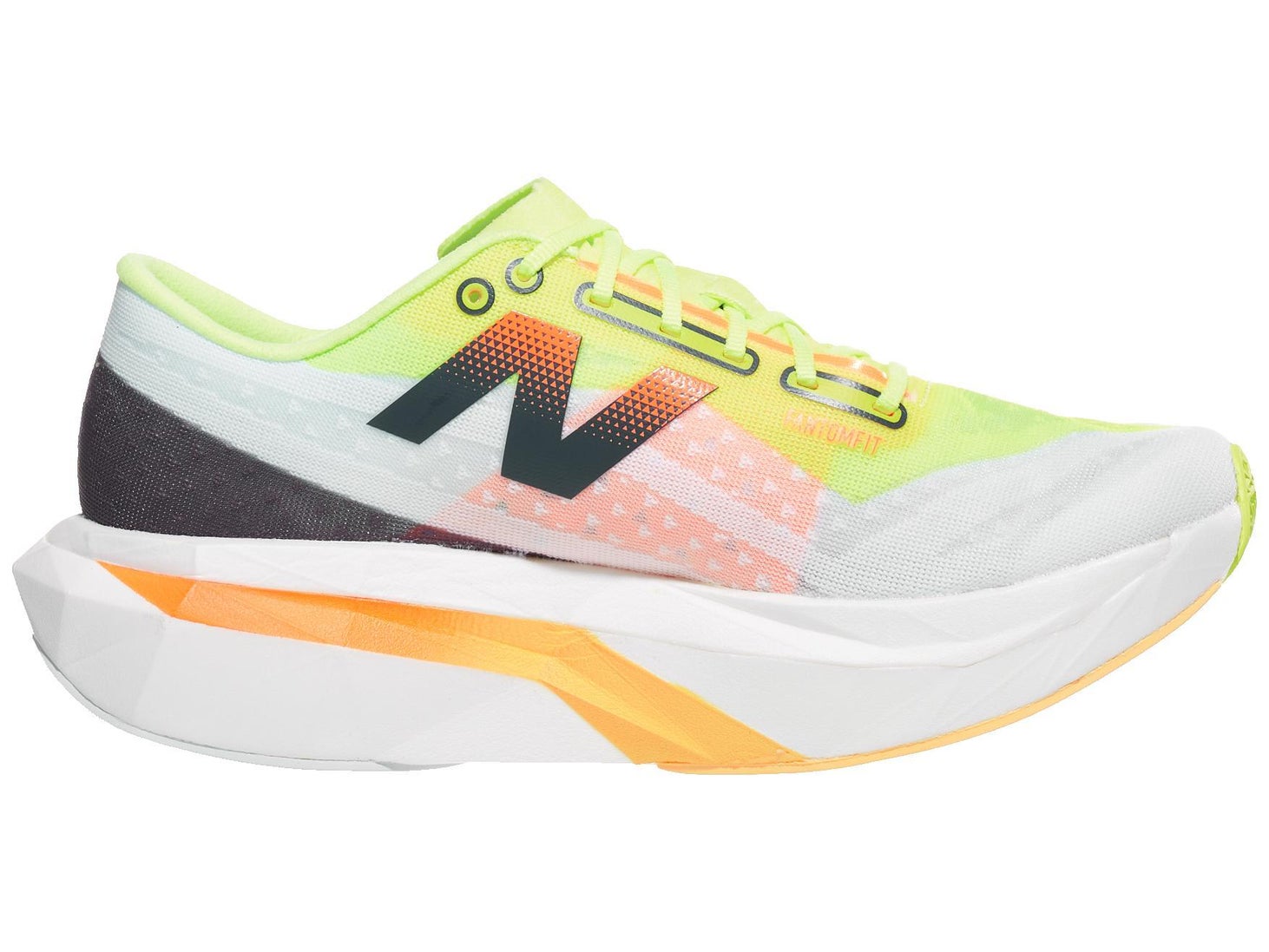 Medial view of right shoe of New Balance FuelCell SuperComp Elite v4. Upper is white with an orange and black New Balance logo and the midsole is white with a neon orange streak in the middle.