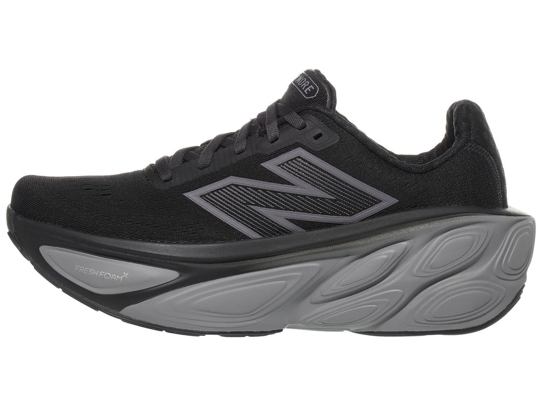 Side view of New Balance Fresh Foam X More shoe in very dark purple color with gray/purple color midsole