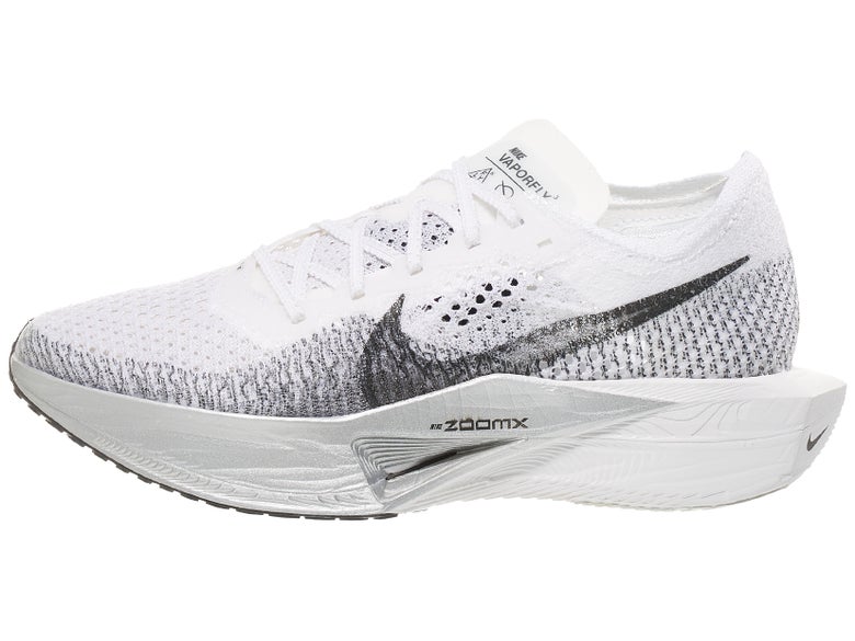 Women's Nike Vaporfly 3 running shoe. Upper is gray and white. Midsole is white.