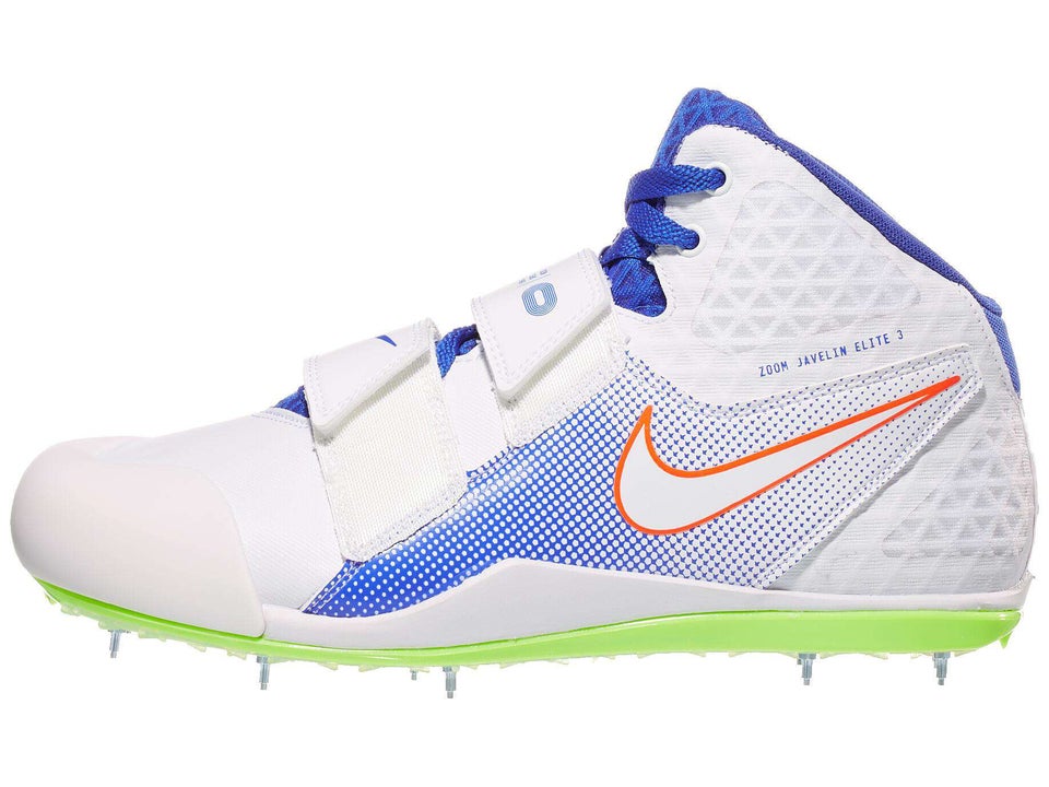 Nike Zoom Javelin Elite 3 Spike with hightop style in white color and blue and orange details, bright green outsole