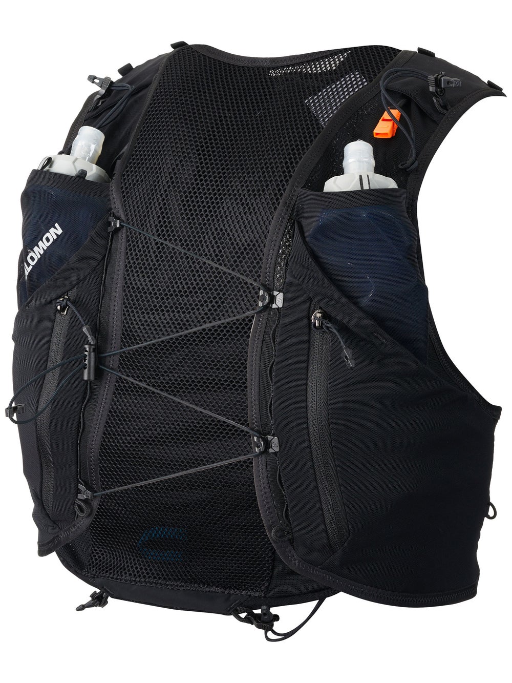 Salomon ADV Skin 12 running hydration vest in black, shown from the front with two soft-flask chest pockets