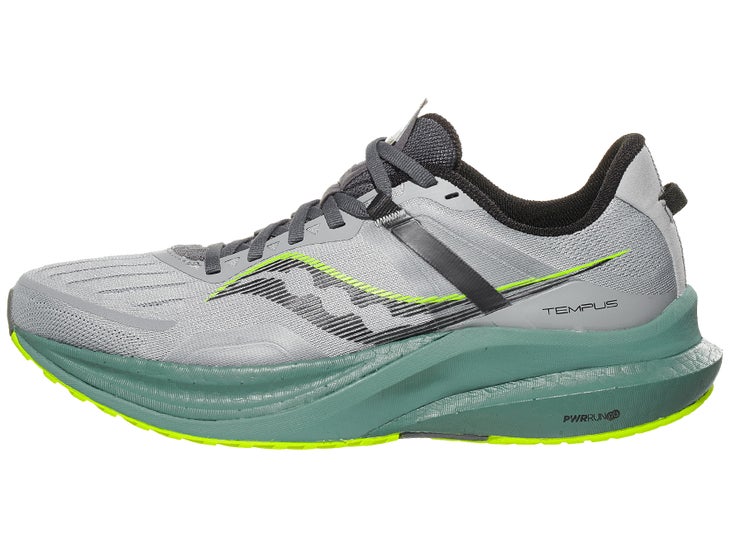 Saucony Tempus running shoe. Upper is gray with a black Saucony logo. Midsole is green.