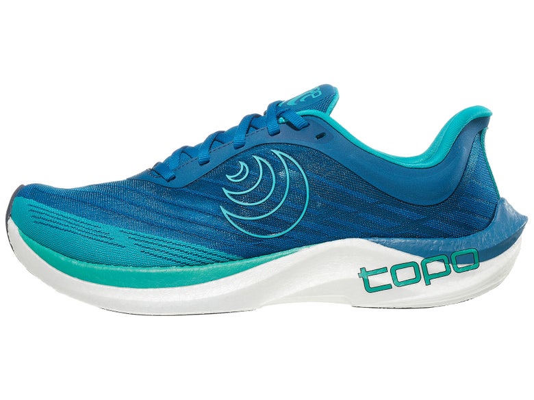 Topo Athletic Cyclone 2 running shoe. Upper is blue and midsole is teal, blue, and white.