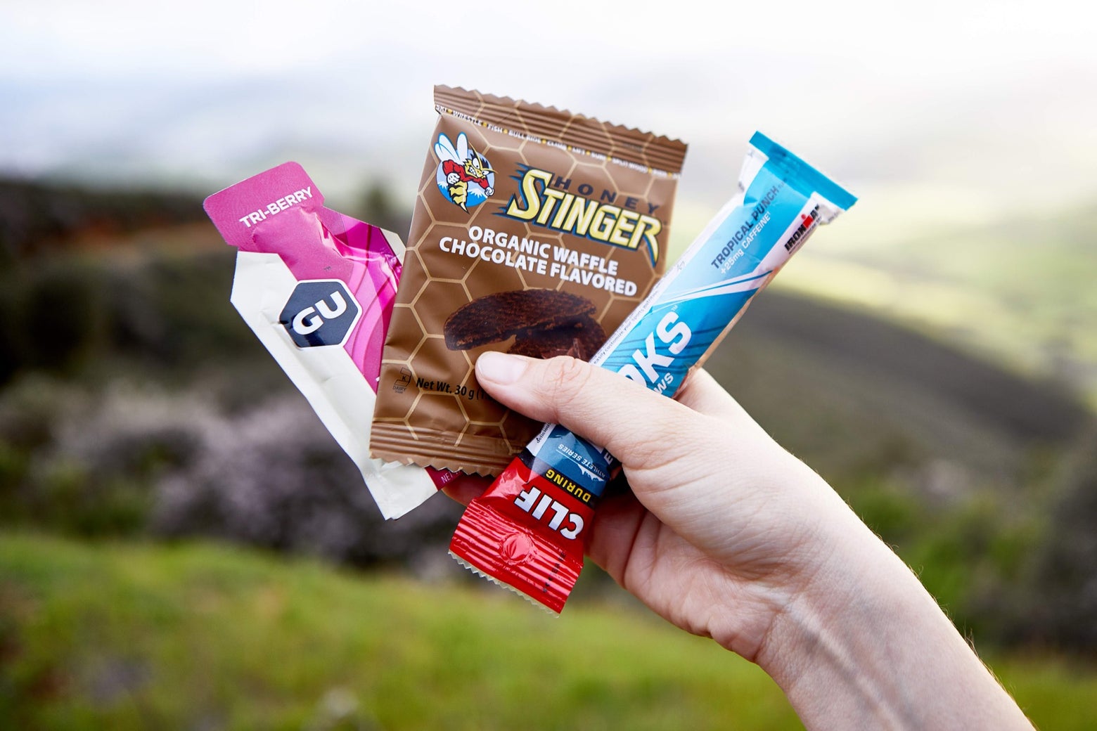 GU energy gel, honey stinger waffle and cliff blocks 
