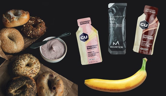 Images of various foods. From left to right: bagels, spread, Gu gel, Maurten Gel, Gu gel, banana