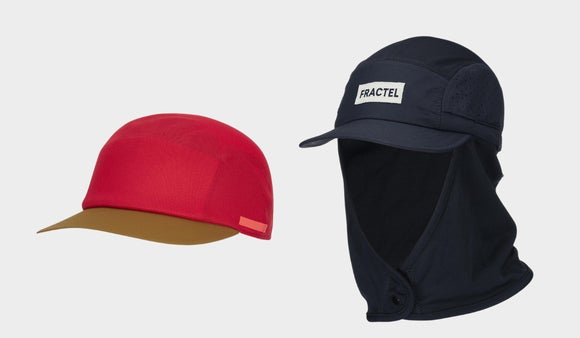 Ciele red and tan running hat and navy blue Fractel Neptune hat