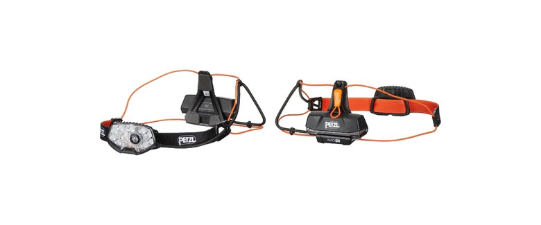 Petzl Nao RL Headlamp Angled View Front and Back in Black and Orange Color