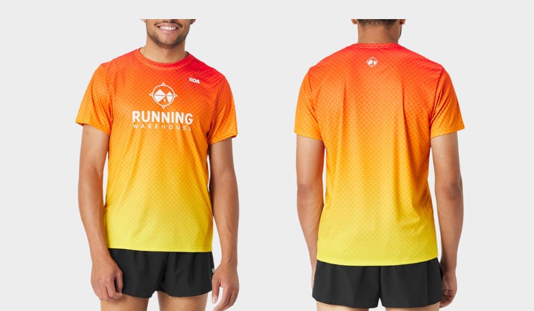 Men's BOA Running Warehouse short sleeve shirt in orange/yellow color (front and back images as worn by male model)