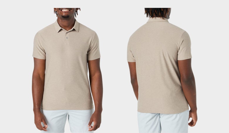 Men's Vuori Strato Tech Polo in toast heather, oatmela color (front and back images as worn by male model)