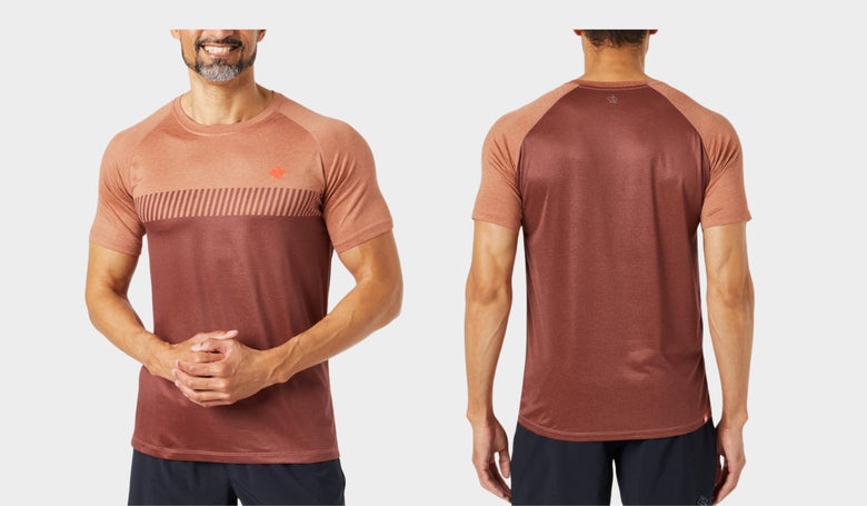 Men's rabbit EZ Tee Short Sleeve Shirt in brown, salmon color (front and back images as worn by male model)