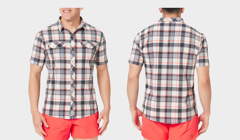 Men's rabbit High Country short sleeve shirt in plaid design (front and back images as worn by male model)