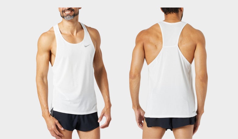 Men's Nike Fast Singlet in white (front and back images as worn by model)