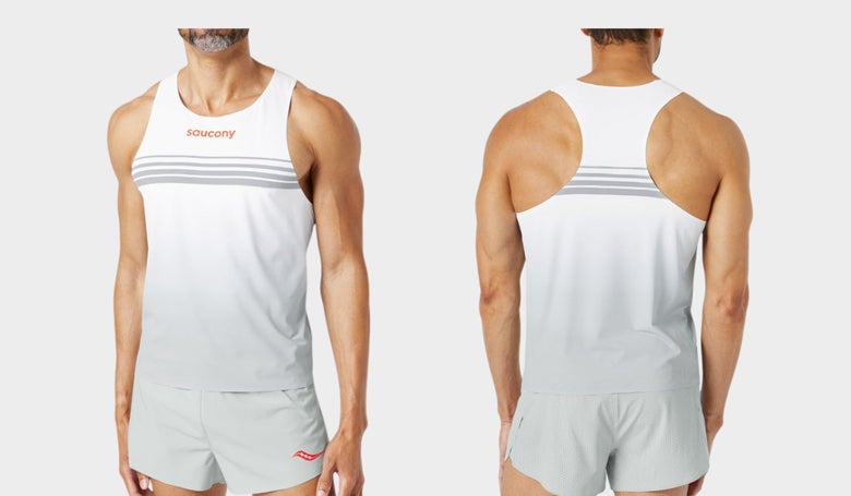 (Saucony Endorphin in light gray (front and back images as worn by model)