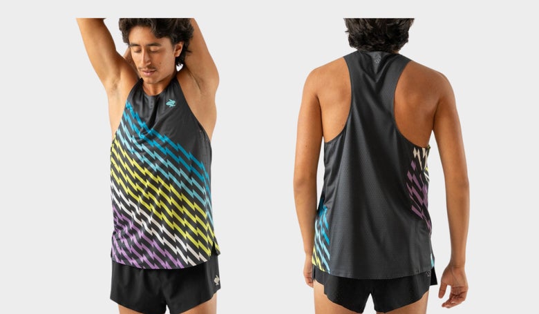 rabbit GO Time singlet in black and colorful zizag (front and back images as worn by model) 