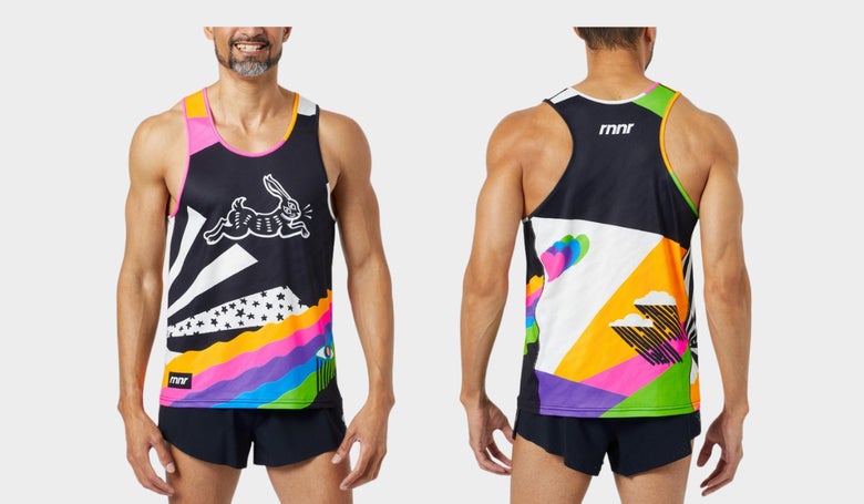 rnnr Jungalow print Men's singlet featuring a rabbit (front and back images as worn by model)