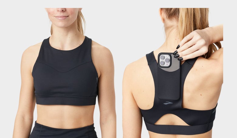 Brooks 3 Pocket Bra in black color (front and back images as worn by model)