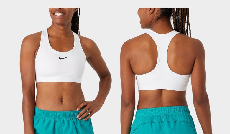 Nike Swoosh Medium-Support Padded Bra in white color (front and back images as worn by model)