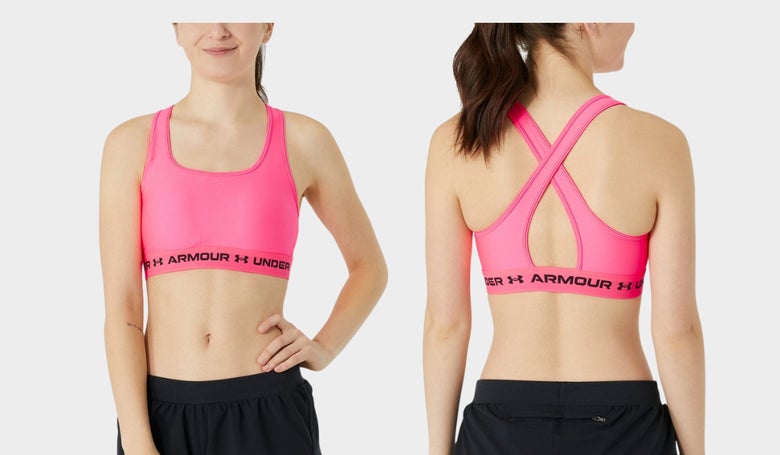 UA Crossback Mid Bra in pink color (front and back images as worn by model)