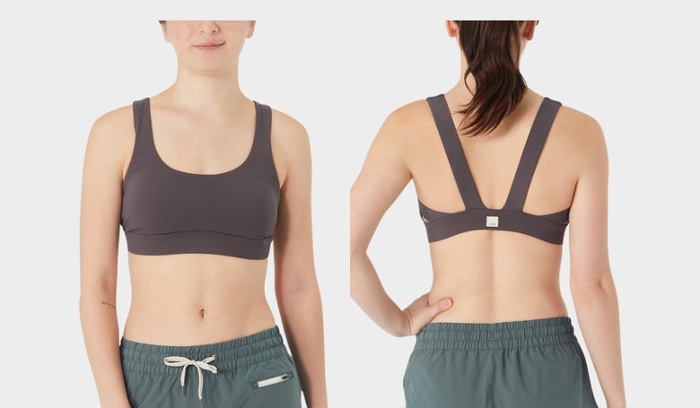 Vuori Stride Bra in plum color (front and back images as worn by model)