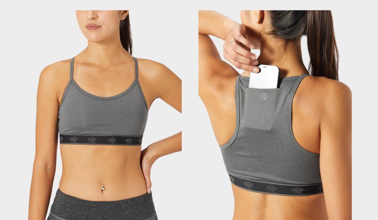 rabbit Strappy Pocket Bra in gray color (front and back images as worn by model)