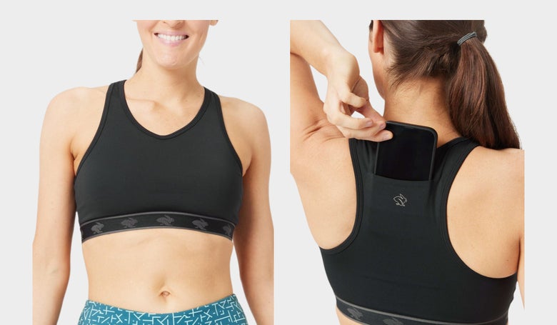 Women's rabbit UtiliBRA-vo sports bra in black (front and back images as worn by model)