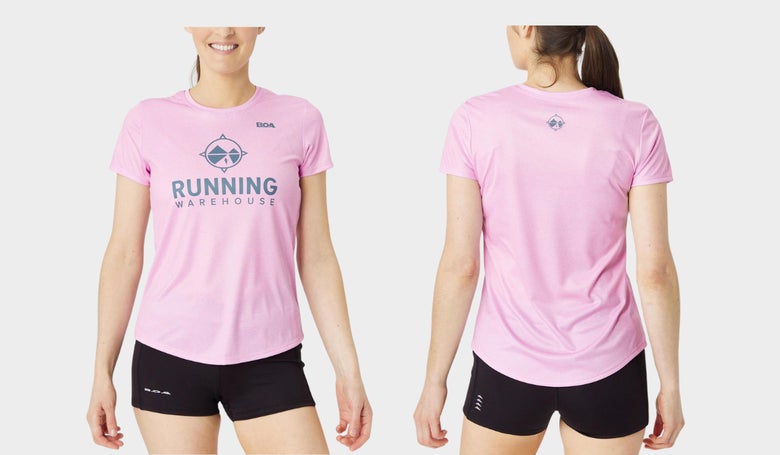 BOA Running Warehouse Logo Shirt in pink color (front and back images as worn by model)