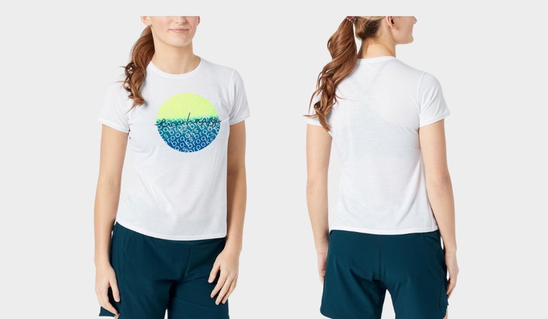 Brooks Distance Graphic 3.0 Short Sleeve in white with a blue and yellow logo design (front and back images as worn by model)