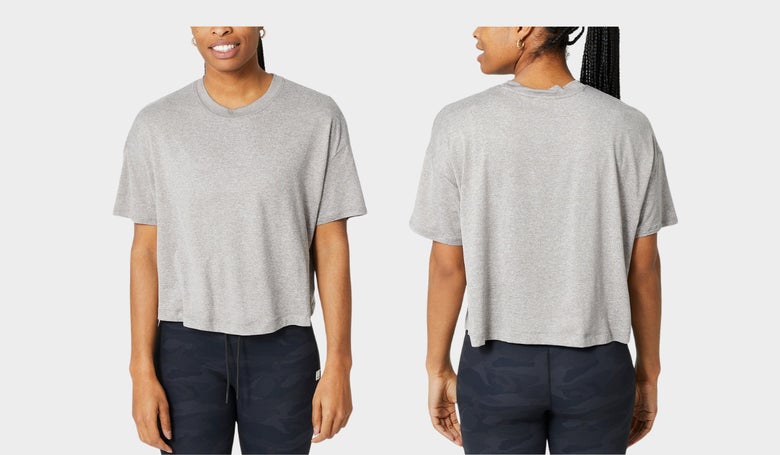 Women's Vuori Energy Tee in gray (front and back images as worn by model)