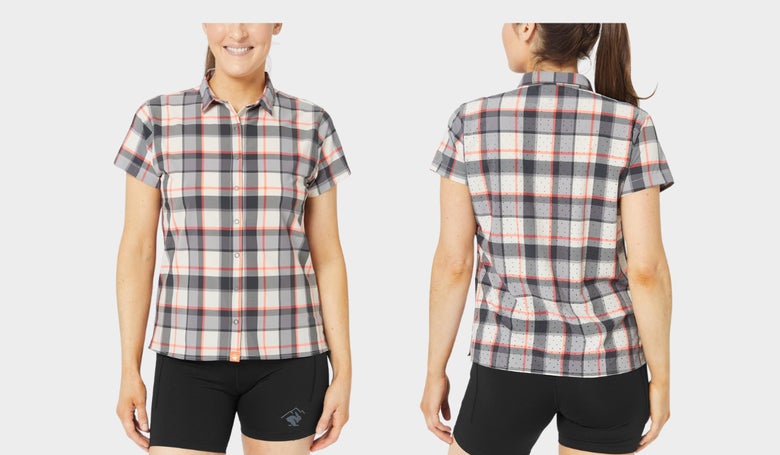 women's rabbit High Country Short Sleeve plaid shirt (front and back images as worn by model)