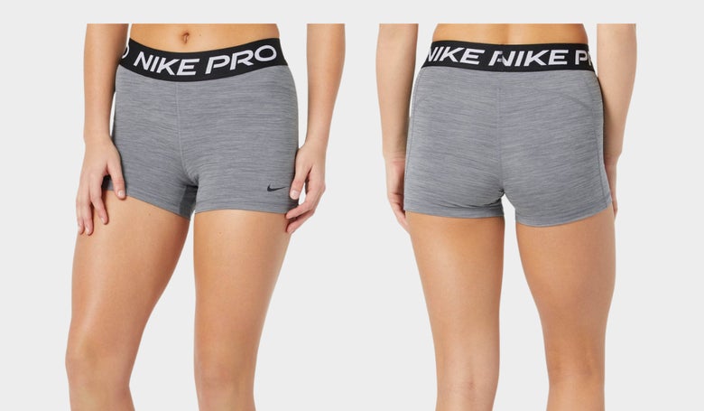 Women's Nike Pro running short tight in gray color (front and back image of the shorts)