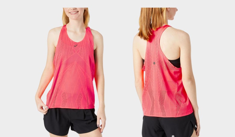 ASICS Metarun Tank in red (front and back images as worn my model)